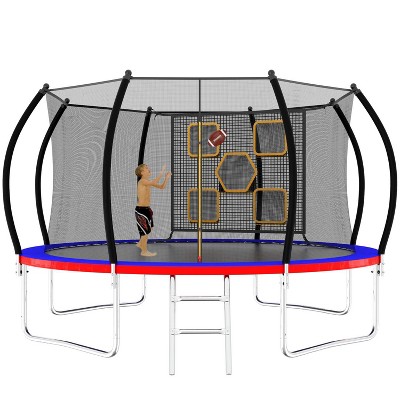 14FT Round Trampoline with Ladder, Enclosure Net & Toss Target Game – Red Steel Frame Belatt