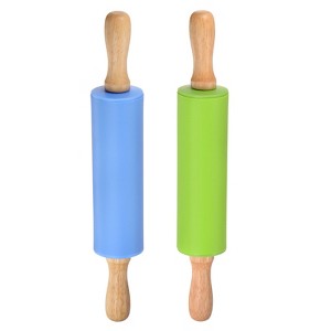 Unique Bargains Silicone Smooth Non-Stick Wooden Handle Kitchen Rolling Pin 2 Pcs - 1 of 4