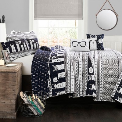 4pc Twin Llama Quilt Set with Llama Throw Pillow Navy - Lush Décor