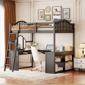 TIRAMISUBEST Full Loft Bed with U-Shaped Desk and Fold Mirror, Luxurious Bed Frame with Drawers and Storage Shelves - 1 of 4