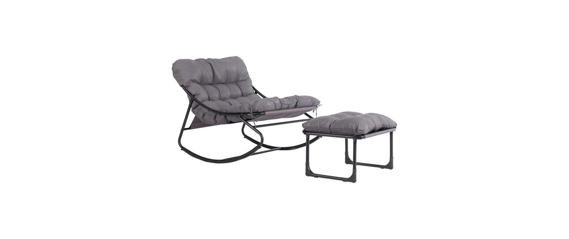 Black Metal Frame Outdoor Lounge Chair and Ottoman with Grey Cushion