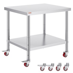 VEVOR Stainless Steel Work Table 36 x 30 x 34 Inch, 700 LBS Load Capacity with 4 Wheels, 3 Adjustable Height Levels, Silver - 1 of 4