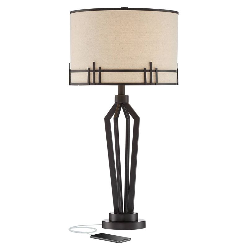 Franklin Iron Works Picket Industrial Table Lamp 28" Tall Oil Rubbed Bronze with USB Charging Port Oatmeal Fabric Drum Shade for Bedroom Living Room, 1 of 10