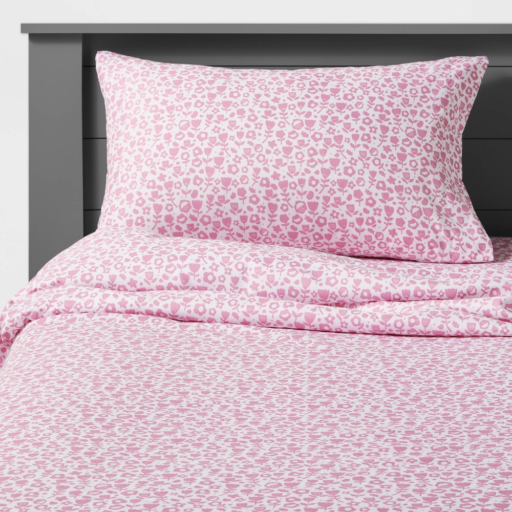 Twin Cut Paper Floral Microfiber Sheet Set Pink - Pillowfort