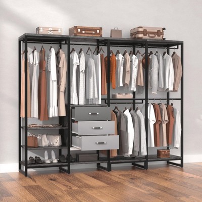 Aheaplus 74'' Clothes Rack with Hanging Rods, Heavy Duty Garment Rack with Shelves, Large Corner L-Shaped Wardrobe with Drawers