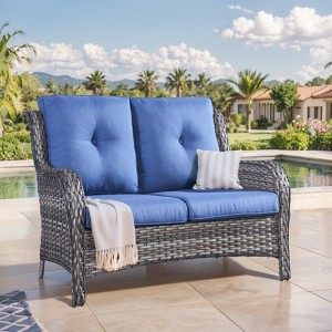 Buenhomino Outdoor Patio Couch Wicker Sofa Loveseat- 2 Seater Rattan Sofa for Outside Patio Garden with Deep Seating and Olefin Cushions - 1 of 4