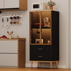 Modern Fluted Storage Cabinet with Glass Door and 2 Drawers, Adjustable Shelves, Gold Accents, MDF Build for Kitchen, Living Room, Office - 1 of 4