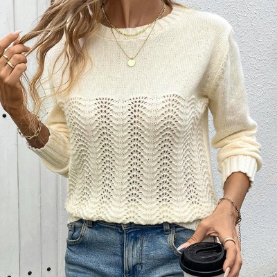 Women's Sweater Crew Neck Crochet Knit Sweater Long Sleeve Pullover