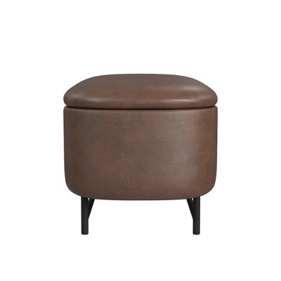 Brown Faux Leather Ellipse Storage Bench with Metal Legs