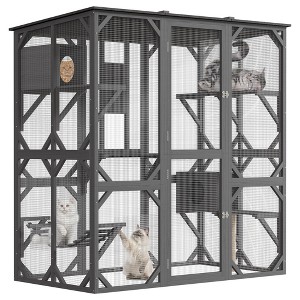 Cat Enclosure- 70'' Walk-In Window Outdoor Wooden Cat Enclosure with 4 Jumping Platforms, 2 Napping Houses, Swing Hammock, Sisal Post - 1 of 4