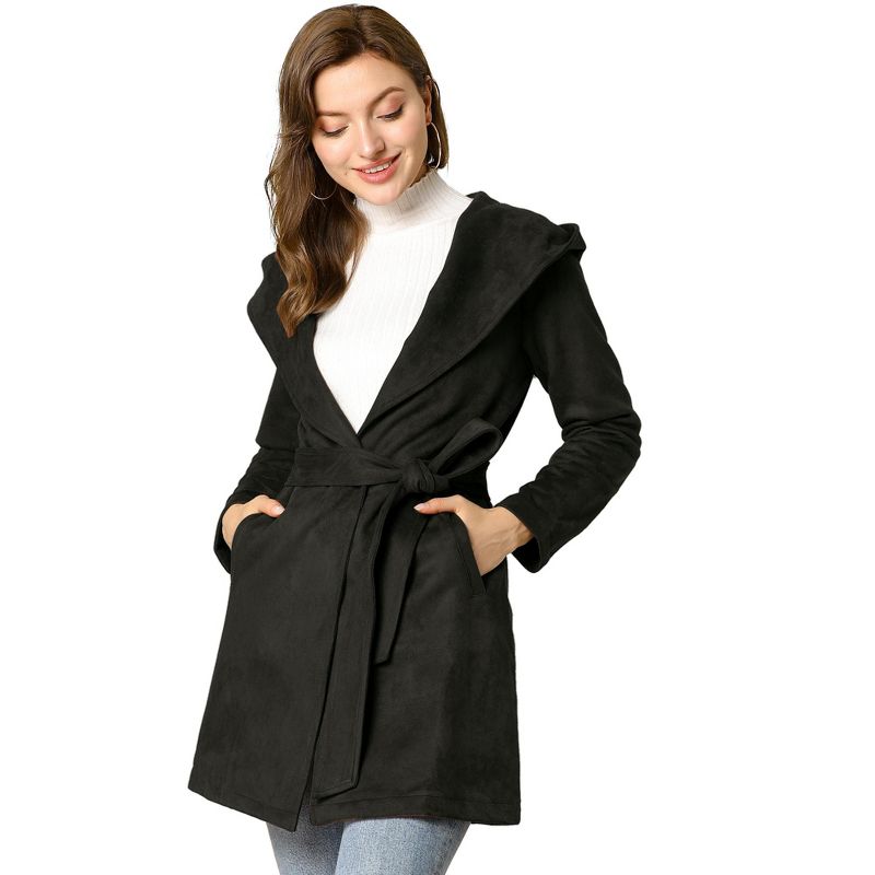 Allegra K Women's Winter Lapel Hooded Wrap Belted Long Coat with Pockets, 4 of 8
