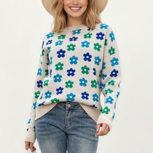 Anna-Kaci Women's Flower Pattern Knit Sweater with Long Sleeves, Soft Textured Feel and Comfortable Relaxed Everyday Fit - 1 of 4