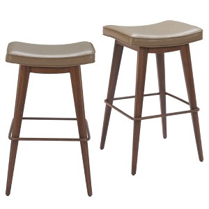 HomeRoots Set of Two 31" Taupe and Walnut Faux Leather and Steel Backless Bar Height Bar Chairs - 1 of 4