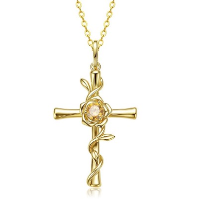 Molenia Birthstone Cross Necklace for Women, Gold Plated Rose Flower Pendant 925 Silver Faith Christian Religious Jewelry Baptism Gift Christmas