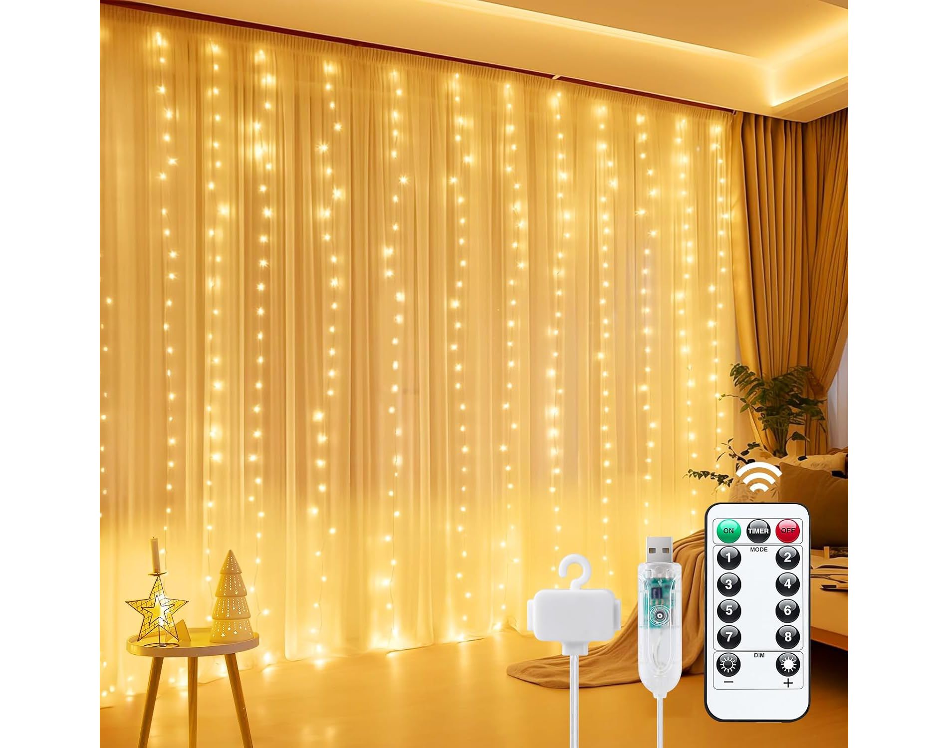 FAAYFIAN 300-LED USB Fairy Curtain Lights, Dimmable 8-Mode String Lights with Remote and Timer for Bedroom Wall & Christmas Party