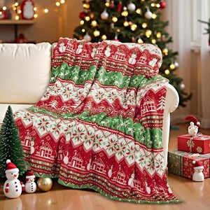 Lomsoe Flannel Blanket Green and Red Stripe, with Xmas Tree, Snowman, Snowflake, Elk and Xmas House, Christmas Throw Blanket for Couch, Sofa, Bed - 1 of 4