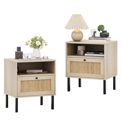Angel Sar Rattan Nightstand Set 2, Bedside Table with Open Shelf and Door, Boho End Table