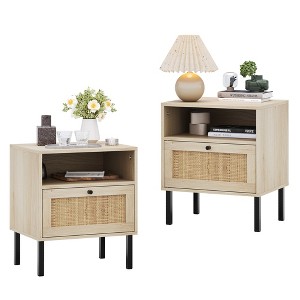 Angel Sar Rattan Nightstand Set 2, Bedside Table with Open Shelf and Door, Boho End Table - 1 of 4