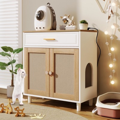Hidden Cat Litter Box Cabinet With Sisal Scratching Door,Storage Drawer And Charging Socket,Modern Pet House–LAOTIES