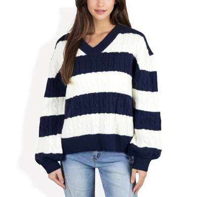 Anna-Kaci Women's Striped Knit Sweater with V-Neckline and Balloon Sleeves for Casual Styles