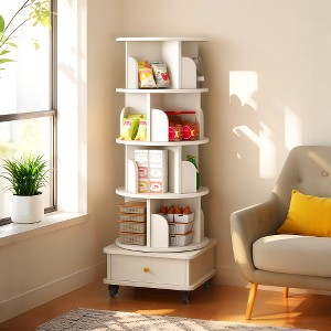 LIVAREEmlen 5 Tier Rotating Bookshelf,360° Display Round Spinning Bookshelf with Wheels, Space-Saving,Small Space Rotating Bookshelf Tower,White - 1 of 4