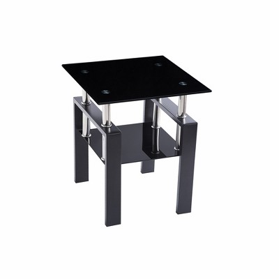 Lirago Tempered Black Glass Sofa Table-2-Layer Storage End Table with Modern Waterfall Edge 17.72"W * 17.72"L * 20.48"H
