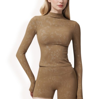Anna-Kaci Active Women's High Neck Long Sleeve Active Top with Subtle Pattern