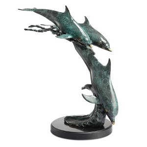 SPI Home Dolphin Trio on Wave Sculpture – Solid Brass Coastal Marine Decor, 10" Tall Ocean-Inspired Accent - 1 of 3