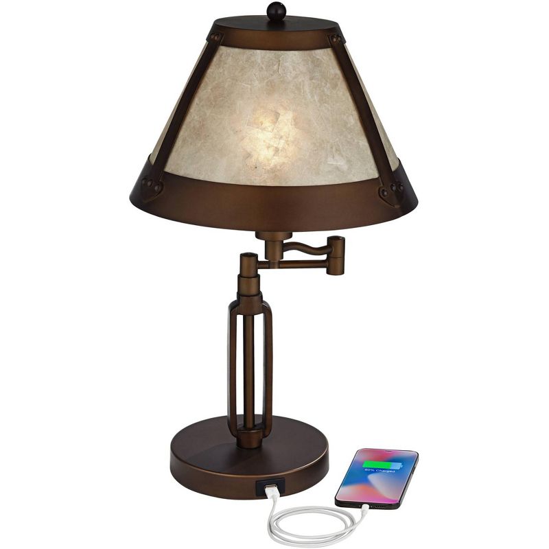 Franklin Iron Works Samuel Industrial Desk Lamp 21 1/4" High Bronze Swing Arm with USB Charging Port Natural Mica Shade for Bedroom Living Room House, 4 of 11
