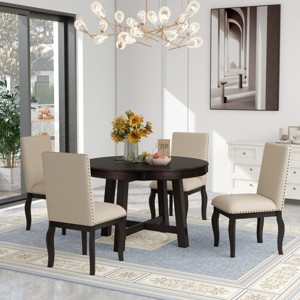 Dining Table Set Round, Dining Sets 5 Piece, Dining Set Solid Wood With 4 Upholstered Chairs, Extendable Dining Table Set-Cuddlewood - 1 of 4