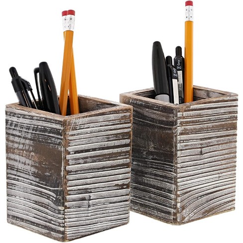 Paper Junkie Rustic Wood Pencil Holder (2 Pack) for Office Home, 3x3x4