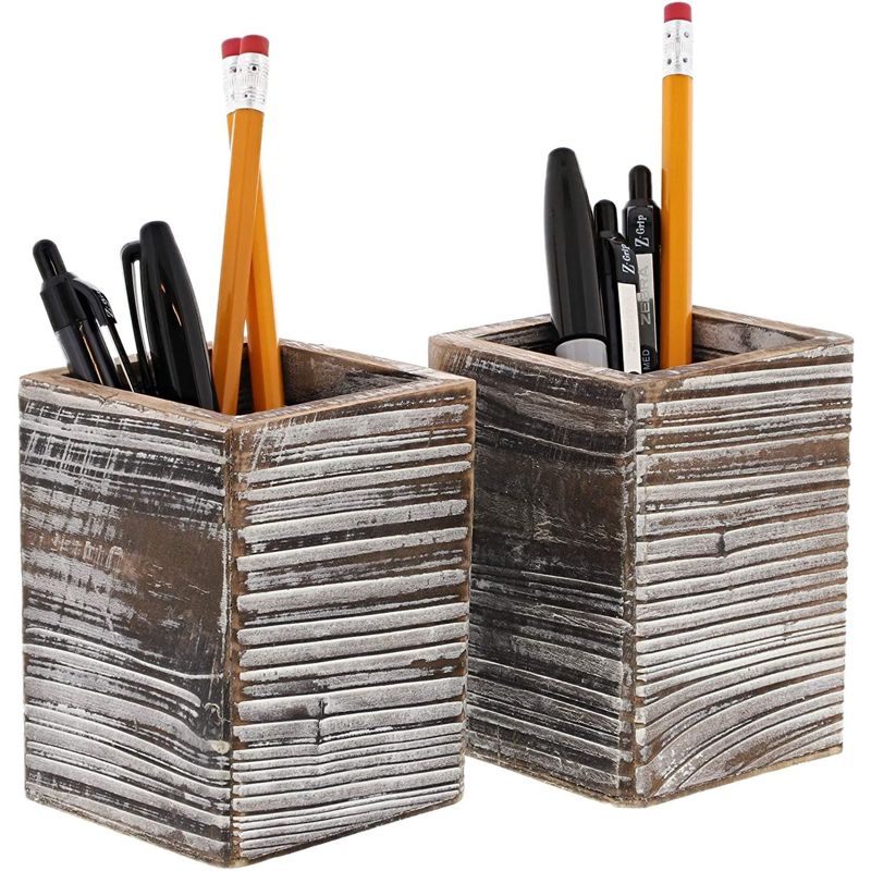 Paper Junkie Rustic Wood Pencil Holder (2 Pack) for Office Home, 3x3x4", 1 of 7