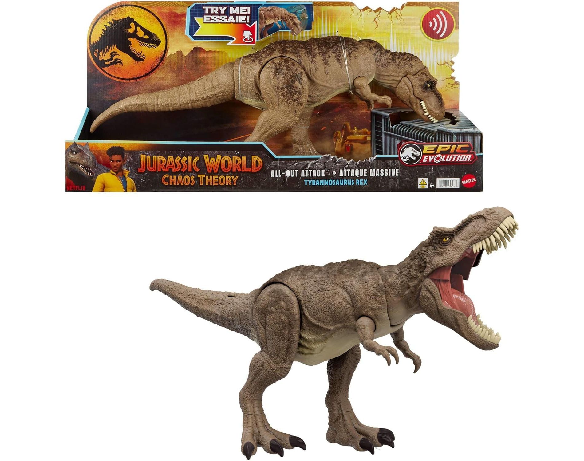 Mattel Jurassic World T. rex Dinosaur Toy with Sound & Movement, All-Out Attack Tyrannosaurus Rex Action Figure with Rampage Attack, Plus Digital Play