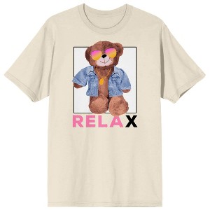 Teddy Drip Relax Chill Bear with Denim Jacket and Sunglasses Men's Natural Short Sleeve Crew Neck Tee - 1 of 3