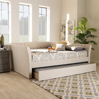 Beige Upholstered Full Daybed with Trundle and Tufted Design