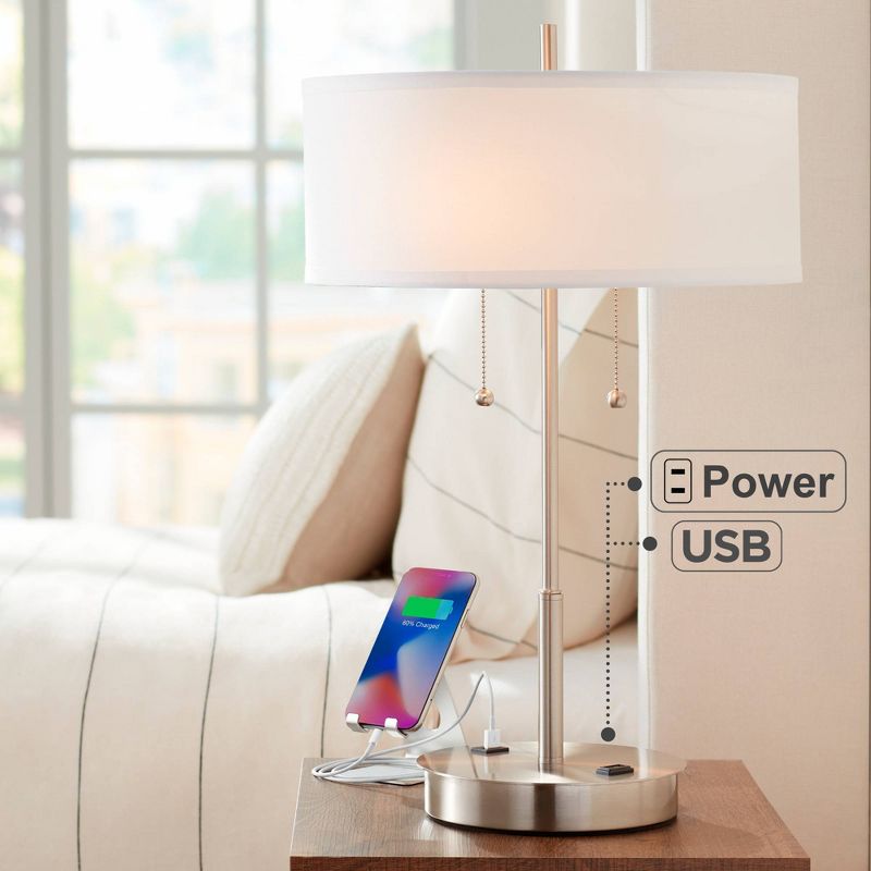 360 Lighting Nikola Modern Accent Table Lamp 23 3/4" High Silver with USB and AC Power Outlet in Base White Drum Shade for Bedroom Living Room Bedside, 2 of 10