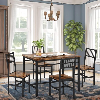 Hooseng Industrial Style 5-Piece Dining Table Set, Dining Room Table Set with 4 Slated Backrest Chairs, Space-Saving Dinette Set for 4 with MDF Top