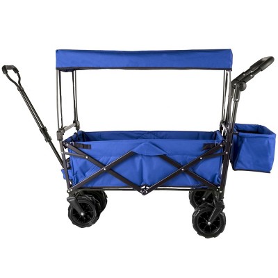 YONWAY Large Collapsible Garden Cart with Removable Canopy, 300LB Capacity Folding Wagon with 360° Wheels & Storage,for Camping Shopping Beach,Blue