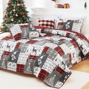Christmas Quilt Set, Reversible Printed 3 Pieces Quilts Coverlet Bed Set Holiday Decorative Bedding, Microfiber Fabric, 1 Quilt and 2 Pillow Shams - 1 of 4