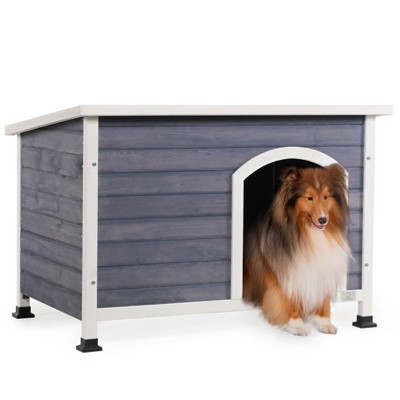 DOMETOUR Medium Wooden Outdoor Dog House, Waterproof Roof, Elevated Floor, Grey