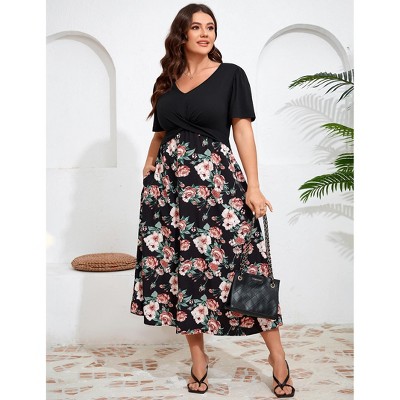 Women's Casual Plus Size Dresses V Neck Short Sleeve Floral A-Line Swing Midi Summer Dress