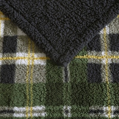 Trailhead Plaid Green Sherpa Fleece Reversible Throw Blanket