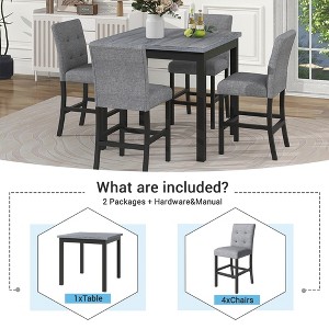 5Pcs Wood Counter Height Square Dining Table with Footrest & 4 Upholstered High-back Chairs for Kitchen Living Room Dining Room Small Space, Gray - 1 of 4