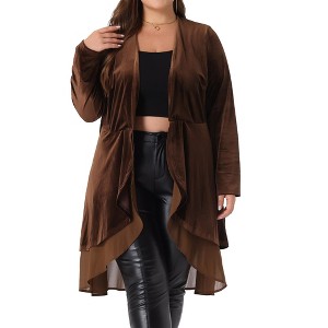 Agnes Orinda Women's Plus Size Velvet Layered Mesh Hem Open Front Long Sleeve Cardigans - 1 of 4