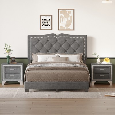 Merax Full Size Upholstered Velvet Platform Bed with Tufted Headboard and Rivet Design