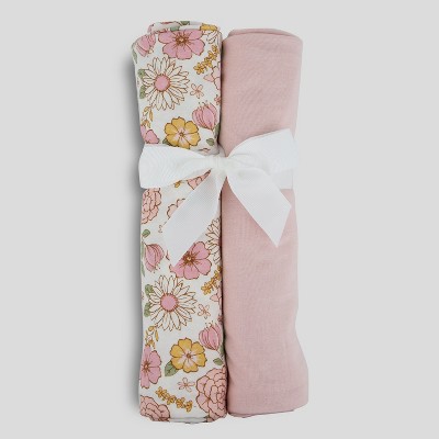 Image of Milkberry 2 Pack Luxury Rayon of Bamboo Muslin Swaddle Blanket for Baby Girl Solid Pink Flowers
