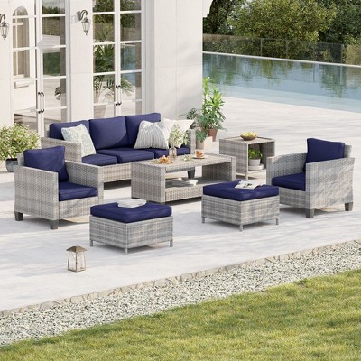 Sonkuki 7-Piece Patio Conversation Set Outdoor Wicker Rattan Furniture Set with Coffee and Side Table, Ottoman and Cushion