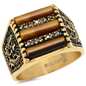 Steeltime Men's 18k gold plated stainless steel black simulated diamond and tiger eye lined ring - 1 of 4