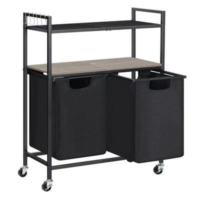 Oumilen Black Double Laundry Hamper Basket with Removable Bags and Shelves