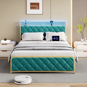 King Upholstered Bed Frame | LED Lights & Charging Station | Diamond Headboard | Metal Slats - No Box Spring | Noise Free & Easy Setup - 1 of 4